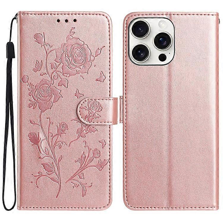 Compatible For iPhone 15 Pro Max Wallet Case Rose Pattern Imprinted Leather Flip Stand Phone Cover