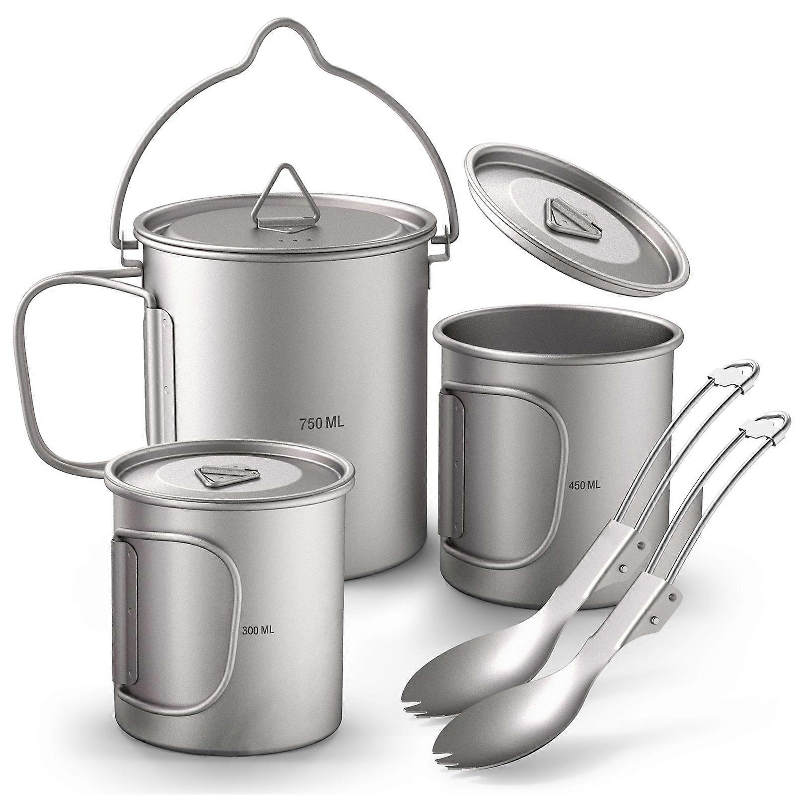 Lightweight Ti 5 Pieces Set Ti 750ml Pot 450ml and 350ml Water Cup with Lid Collapsible Handle Folding Spork for Outdoor Camping Hiking Backpacking