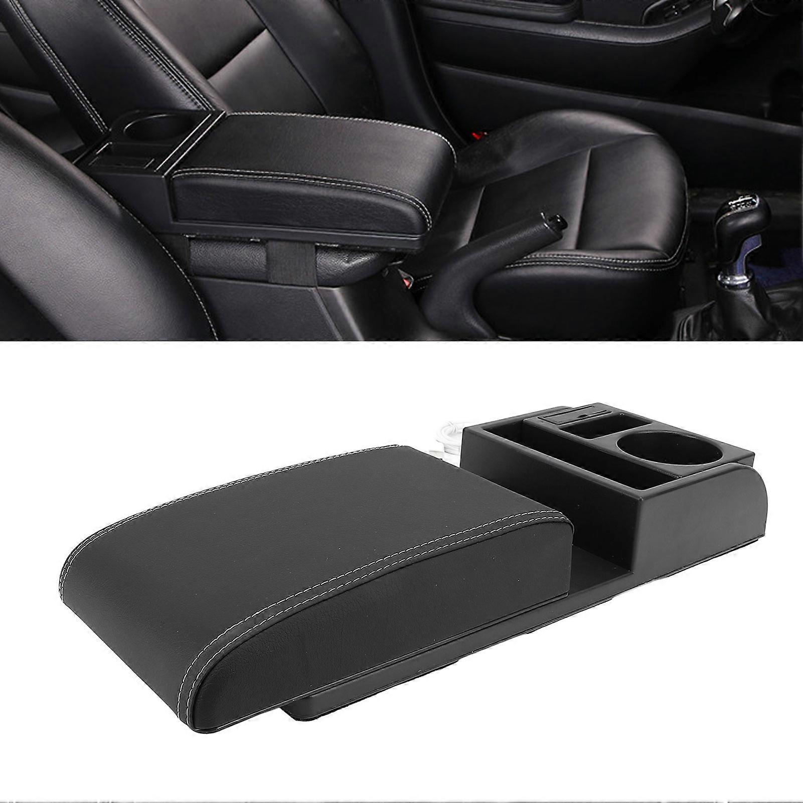 Auto Center Console Armrest Pillow with USB Interface Multifunctional Adjustable Width Armrest Storage Box Universal for Vehicles White Line 