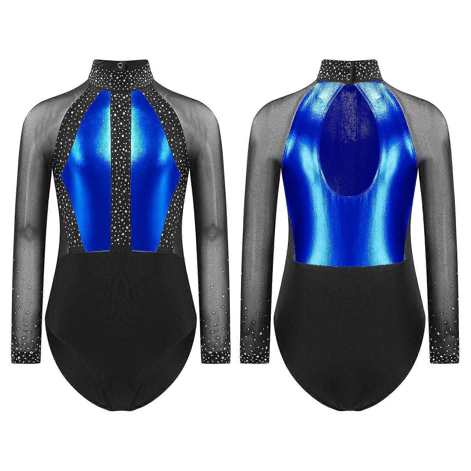 Kids Girls Shiny Rhinestones Leotard Color Block Patchwork Keyhole Back Sheer Mesh Long Sleeve Bodysuit for Gymnastics Dance Figure Skating