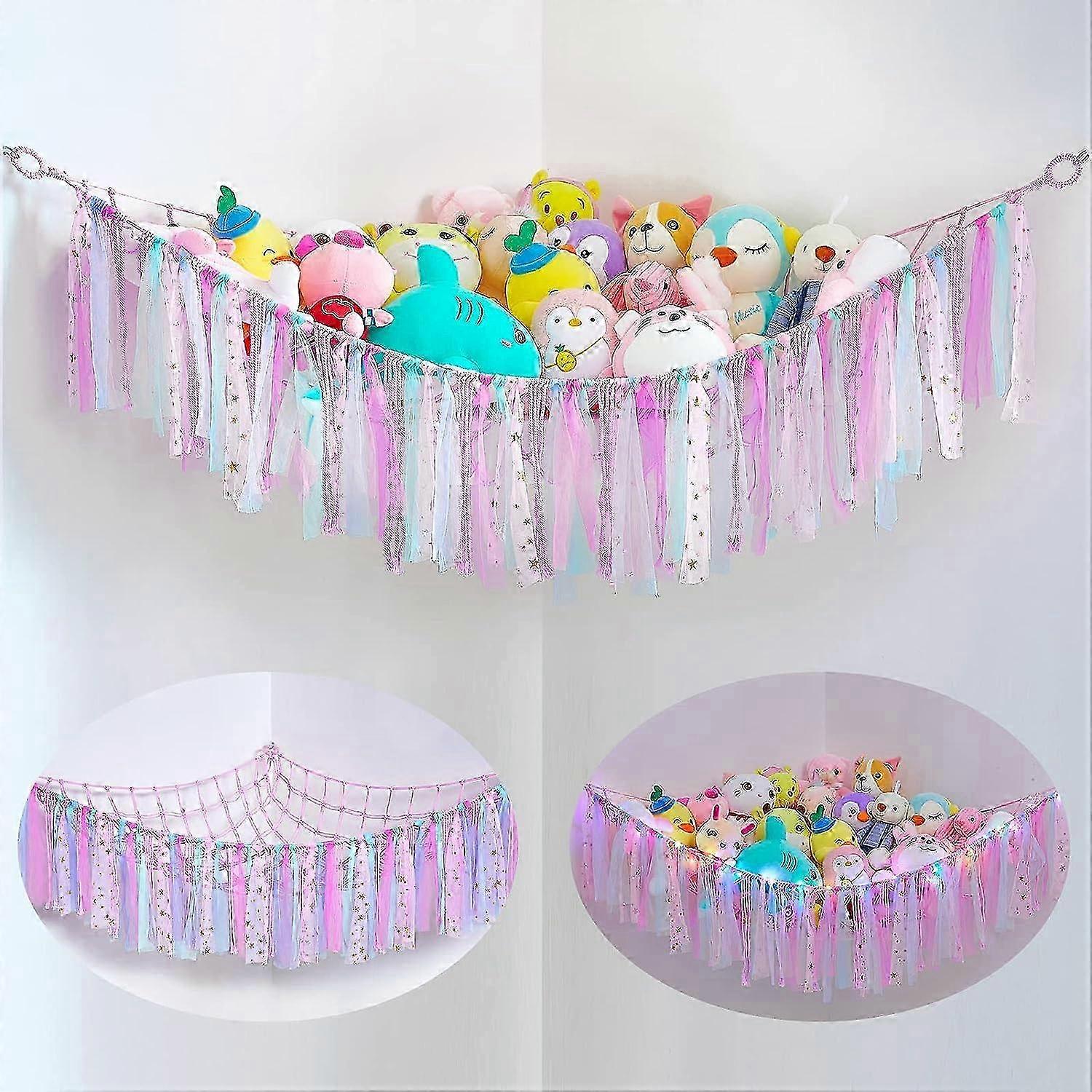 Colorful Macrame Net Stuffed Animal Toy Hammock with Tassels for Nursery and Kids Room Decor