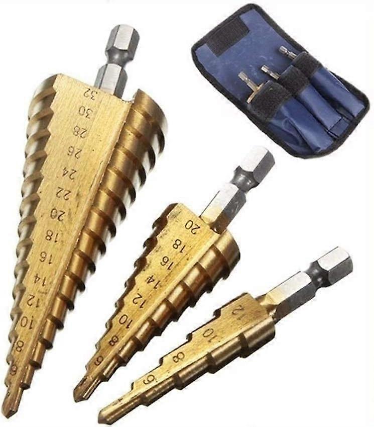 Step Drill Bit Set, Carbide, Hex Shank, 3 Pc, Metric and Imperial Sizes, Titanium Coated