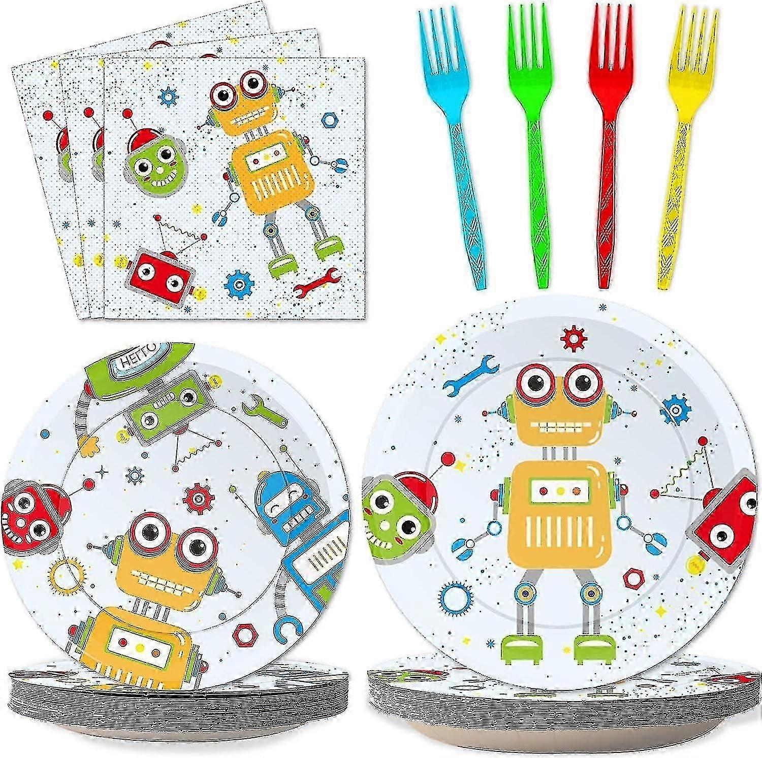 96pcs Robot Birthday Party Supplies Pack Robot Party Plates Napkins Forks Kit Disposable Tableware Set Robots Theme Party Baby Shower Decorations Favo