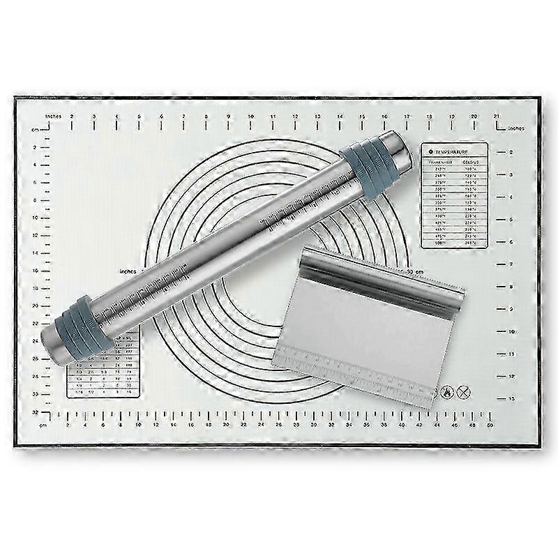 Non-slip stainless steel rolling pin with silicone baking mat and scraper, removable adjustable thickness ring, baking accessories