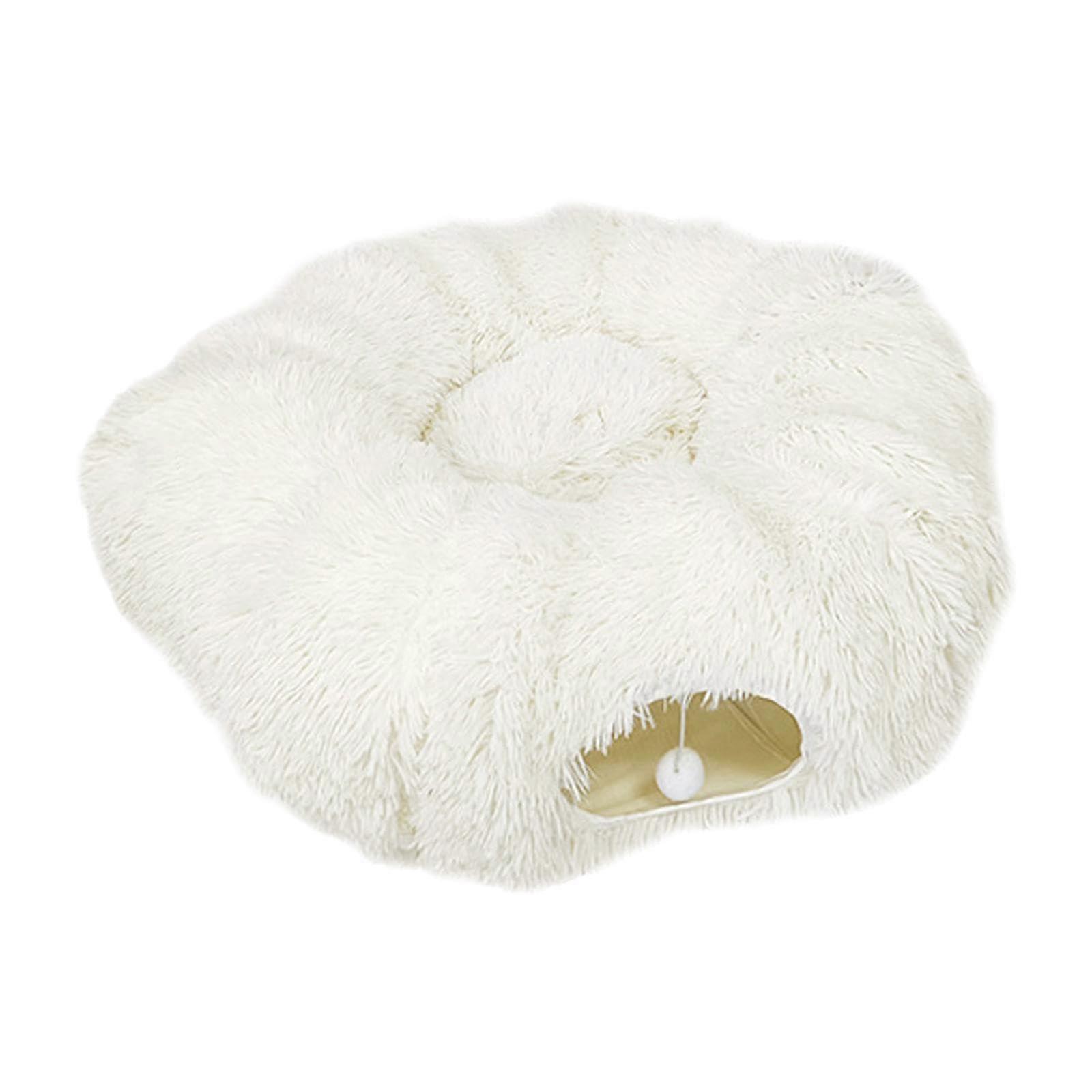 Plush Cat Tunnel Bed Donut Design with Interactive Ball White Multifunctional Cat Hideout Play Cave for Chase and Rest