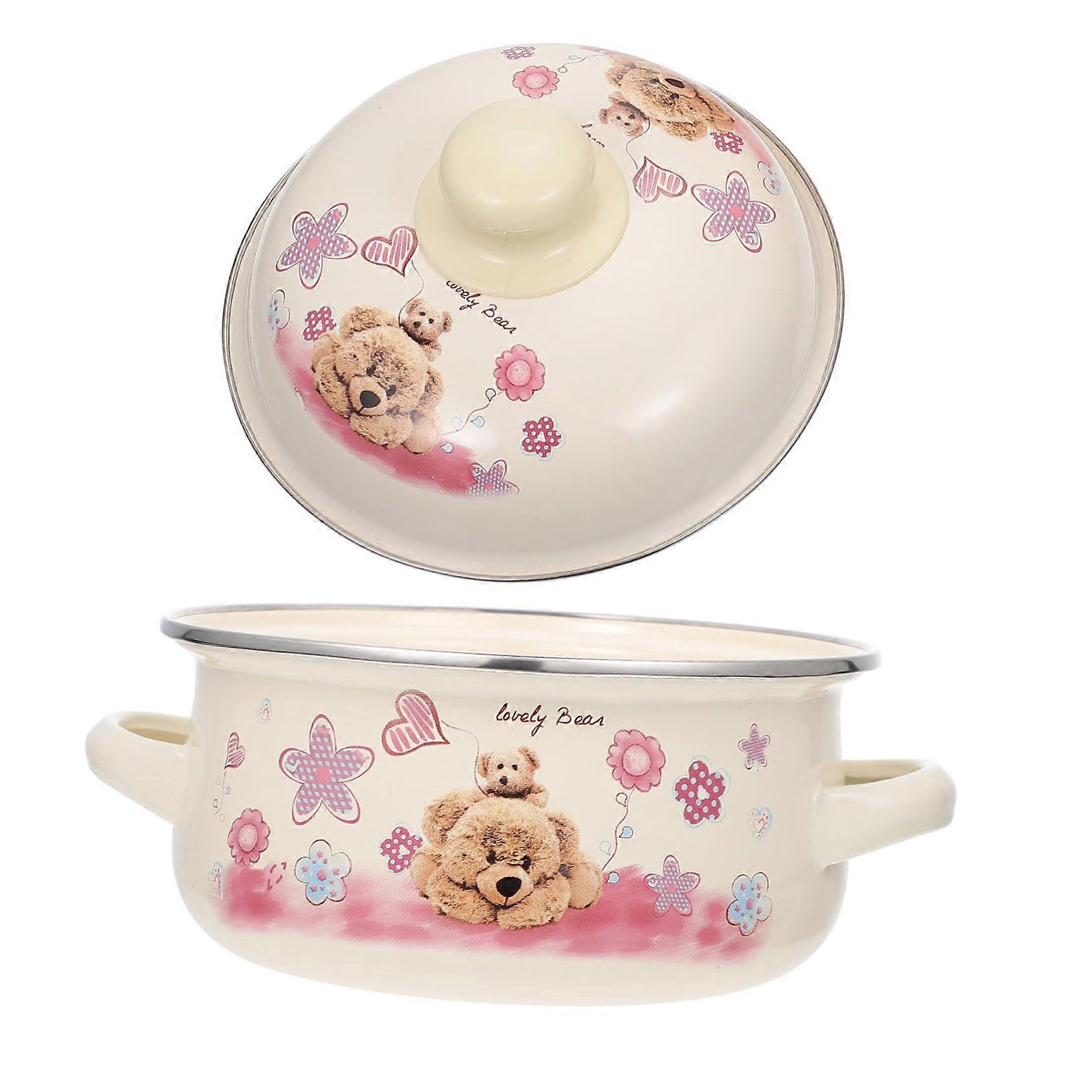 1pc Double Handle Enamel Cooking Pot Practical Milk Pot For Stove Types Heat Resistant With Lid For Soups And Baby Food Durable And Safe To Use