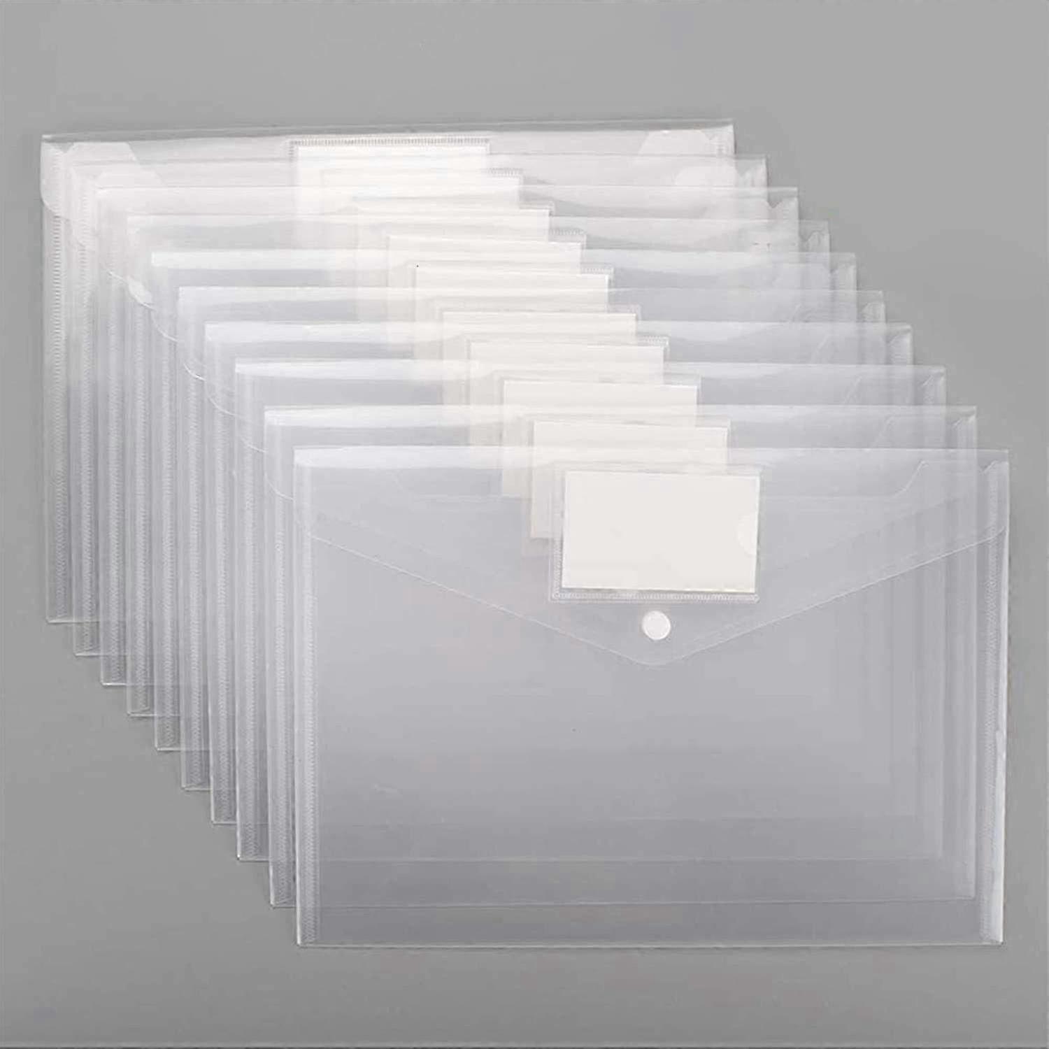 Clear Plastic Envelopes Poly Document Folders with Label Pocket & Snap Button for Letter A4 Size Files, Home Office Work Organization Storage