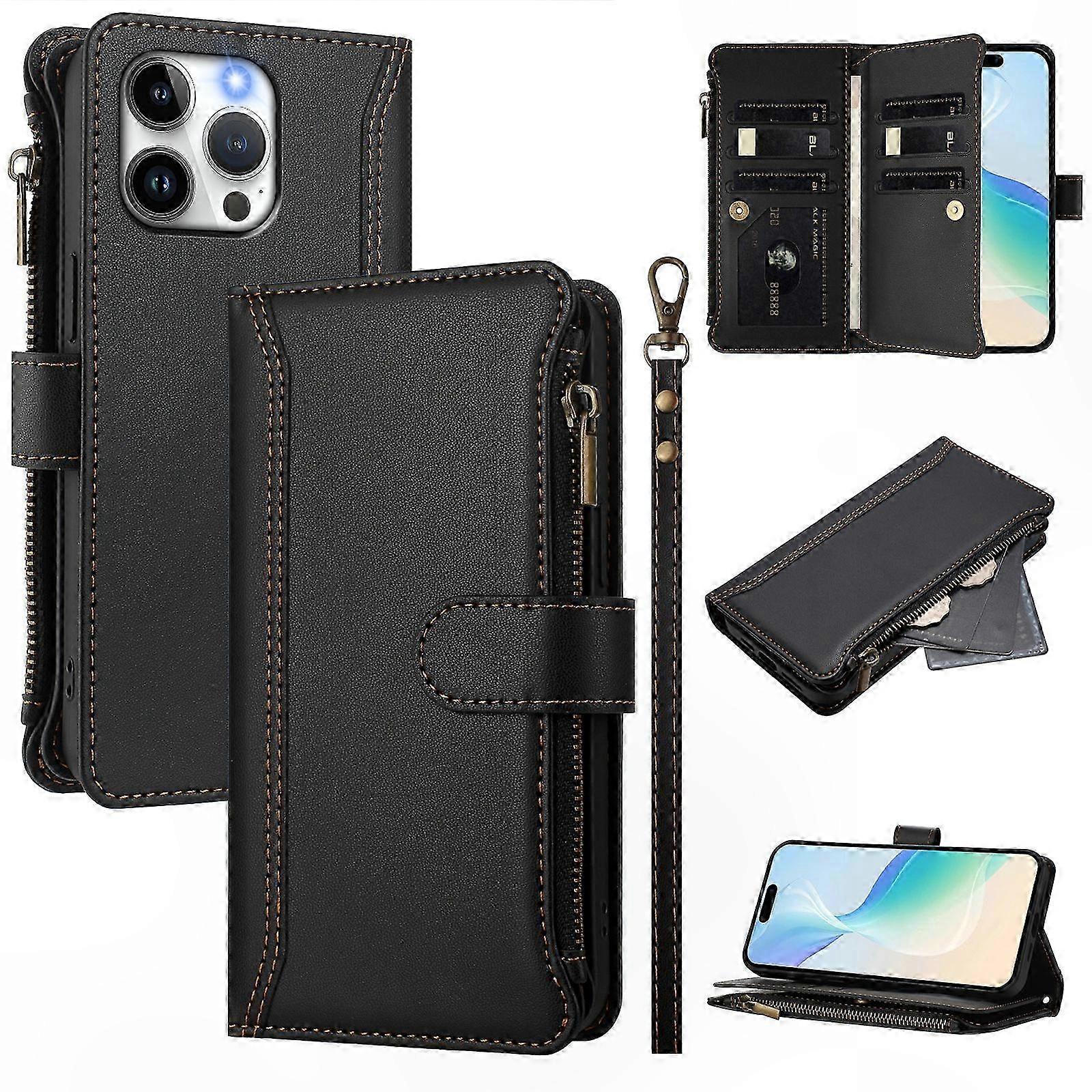 Leather Wallet Case with Zipper and Wrist Strap for 9 Cards, Compatible Phone Cover with Stand Function