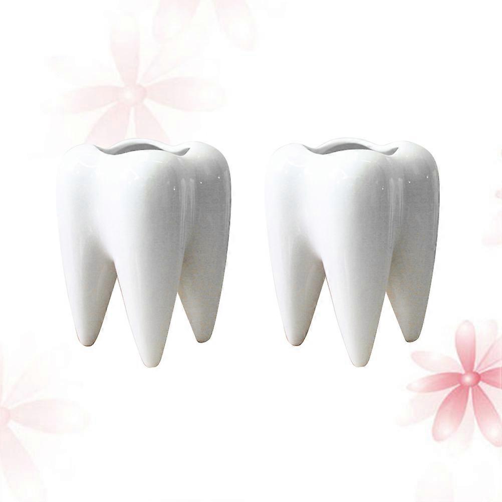 Teeth Flower Pot Ceramic Container for Desk Use 2Pcs White Succulent Plant
