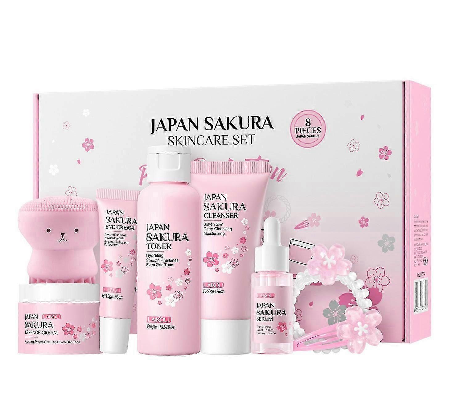 Conjunto de Cuidados com a Pele Sakura, Conjunto de Cuidados com a Pele com Umidade, Conjunto de Cuidados com o Rosto Antienvelhecimento, Conjunto de Presentes de Beleza Mulheres - Creme de Soro de Limpeza Máscara Facial de Soro para os Olhos