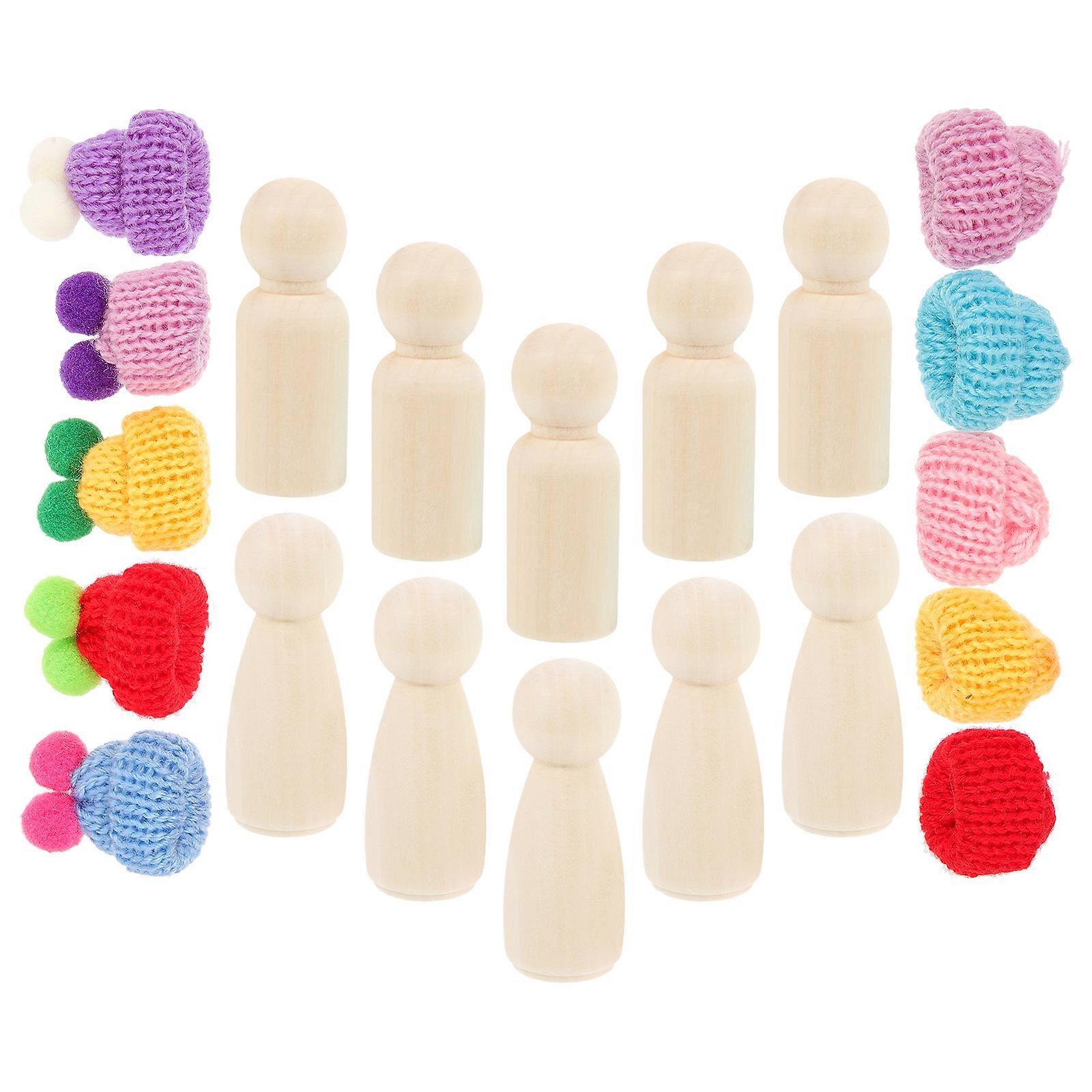 Wooden Peg Dolls with Hats for Kids to Paint and Decorate Assorted Color Wool and Wood Craft Supplies
