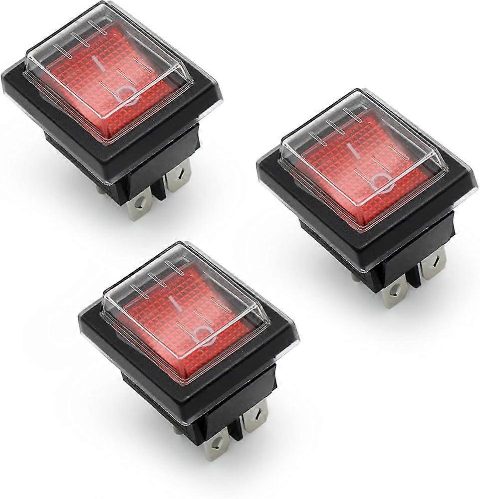 3Pcs Red Light ON/OFF Rocker Switch With Waterproof Cover 16A/250V 20A/125V AC(DPST)