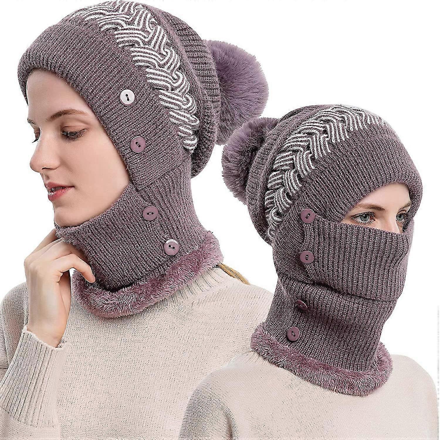 Kadın Kış Sıcak Örme Kap Şapka Boyun Isıtıcı Setleri, Çift Katmanlı Polar Astarlı Bere Şapka, Mor