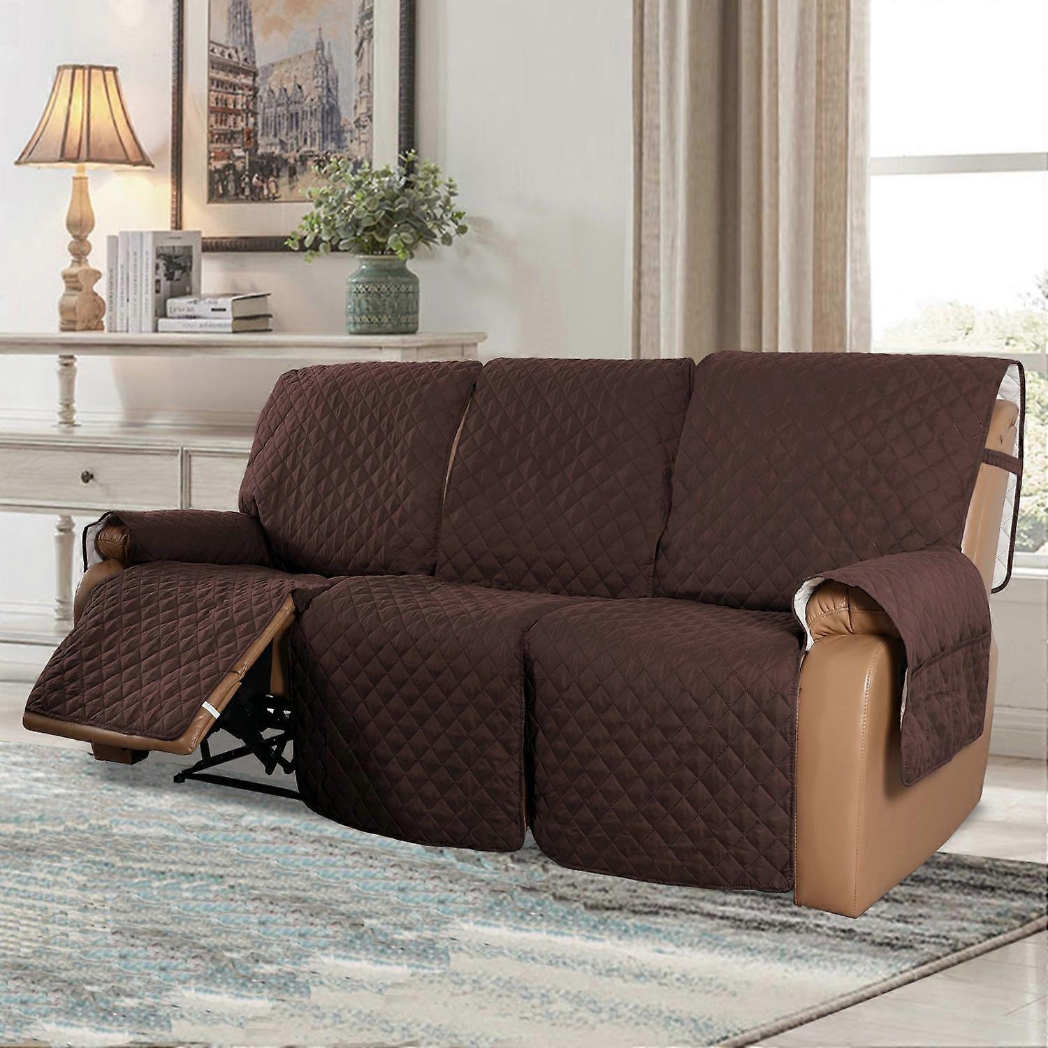 Recliner Sofa Cover For 1/2/3 Seater With Pocket, Slipcovers Reversible Washable Elastic Adjustable Strap For Home,brown