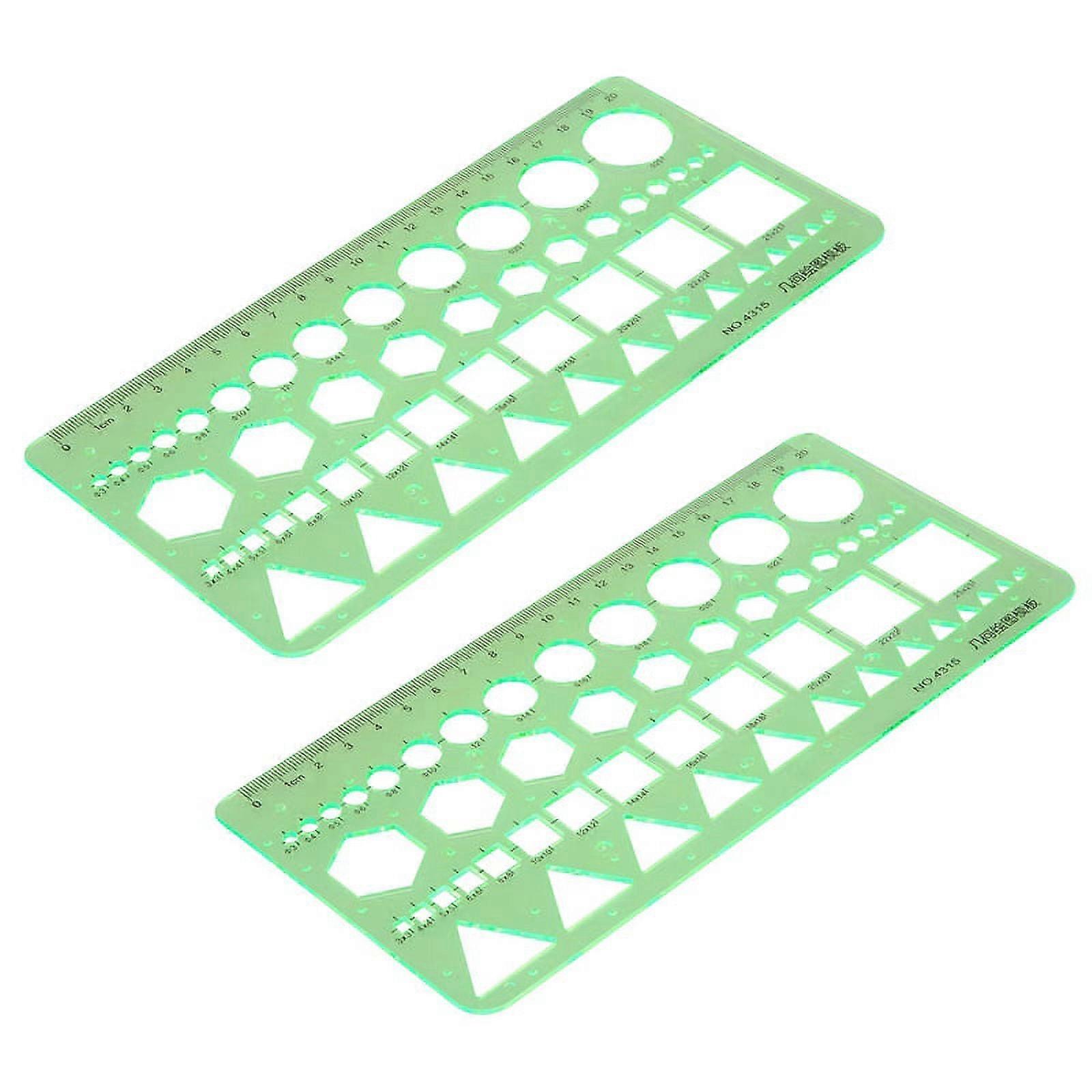 2X Green Plastic Circles Squares HeXagons Geometric Template Ruler 0-20cm