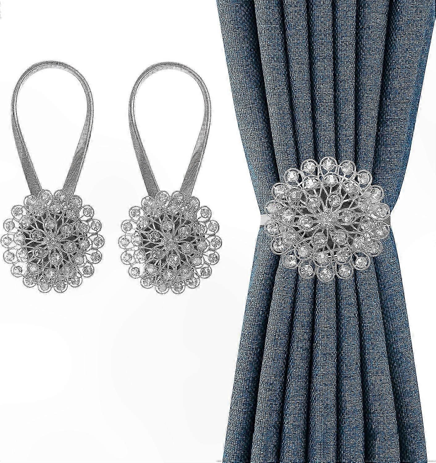 Magnetic Curtain Tiebacks, 2 Pack Crystal Window Decor with Stretchy Wire Rope for Home Decoration