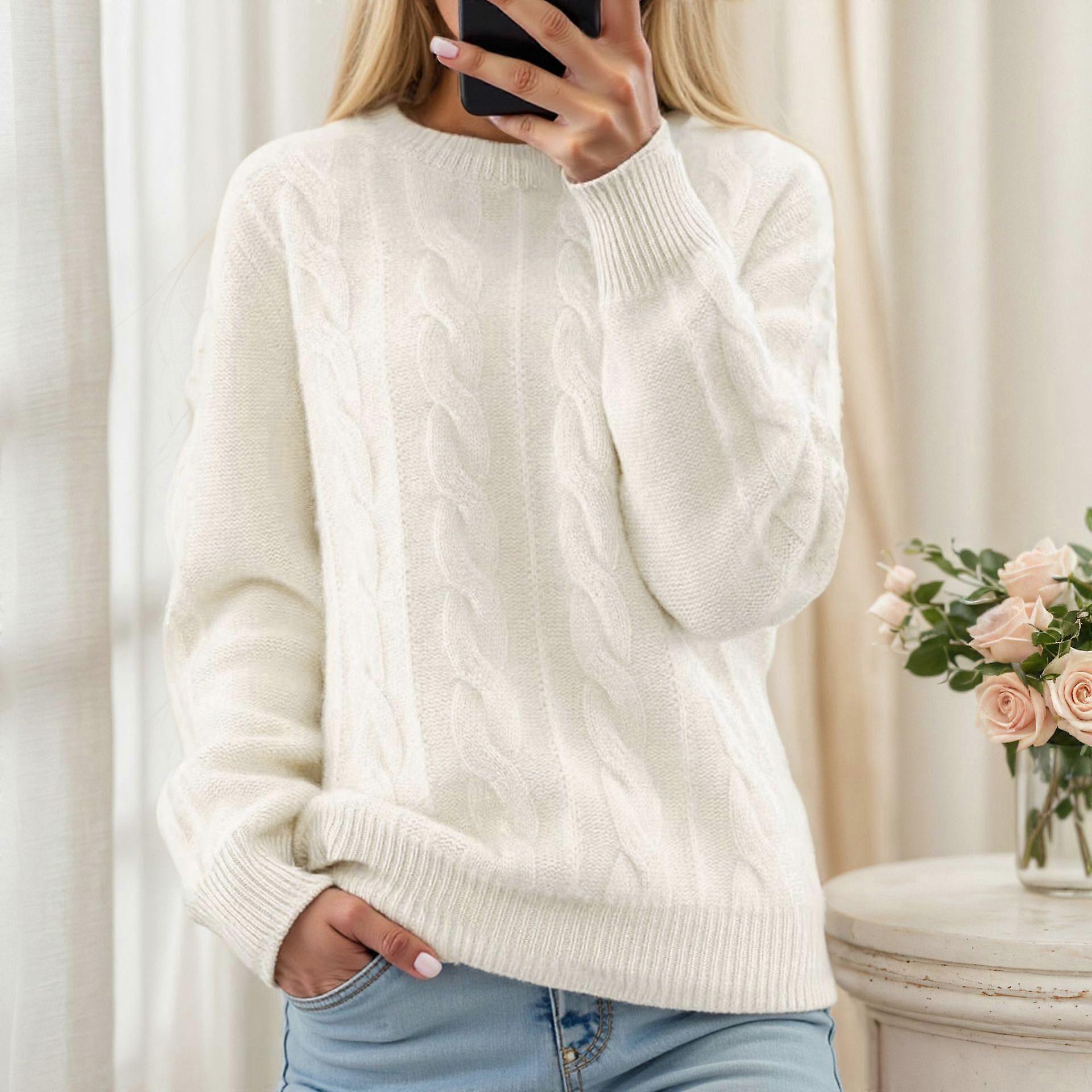 Retro Cable Knit Sweater Women's Round Neck Solid Color Pullover 50cm Length Comfortable Warm Top
