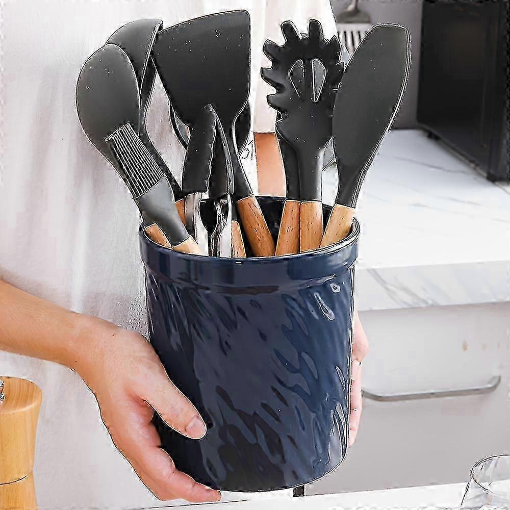 KOOV Kitchen Utensil Holder, Large Ceramic Utensil Crock, Utensils Caddy, Deep and Stable, Texture Series (Dark Blue)