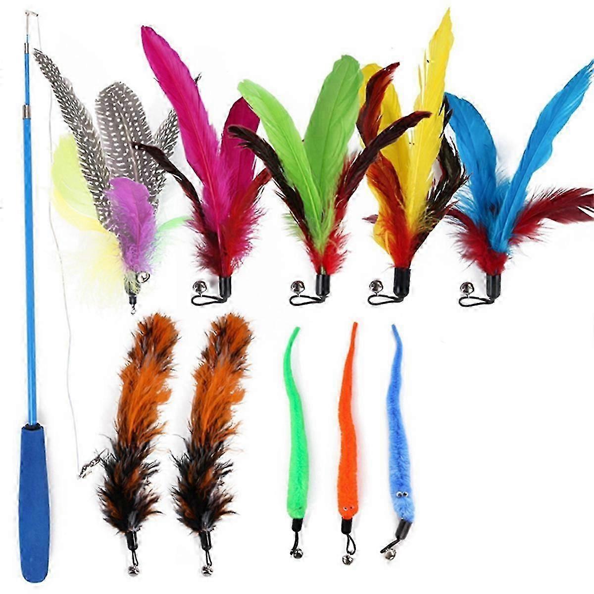 11 in 1 Feather Replacement Head Retractable -Teaser Stick for -Kitten Having Fun Exerciser Playing