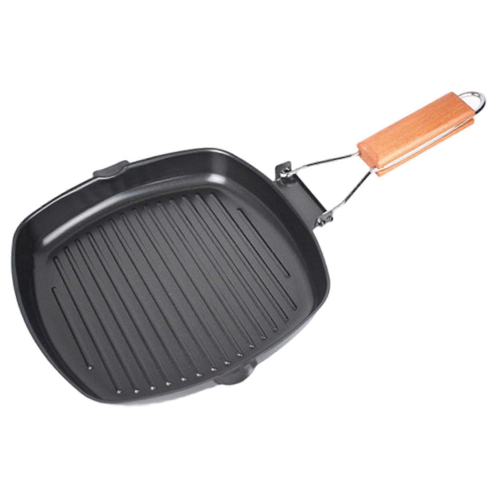 Steak Grill Pan 9x9 NonStick Carbon Steel Square Pan with Foldable Handle for Bacon and Meat Cooking