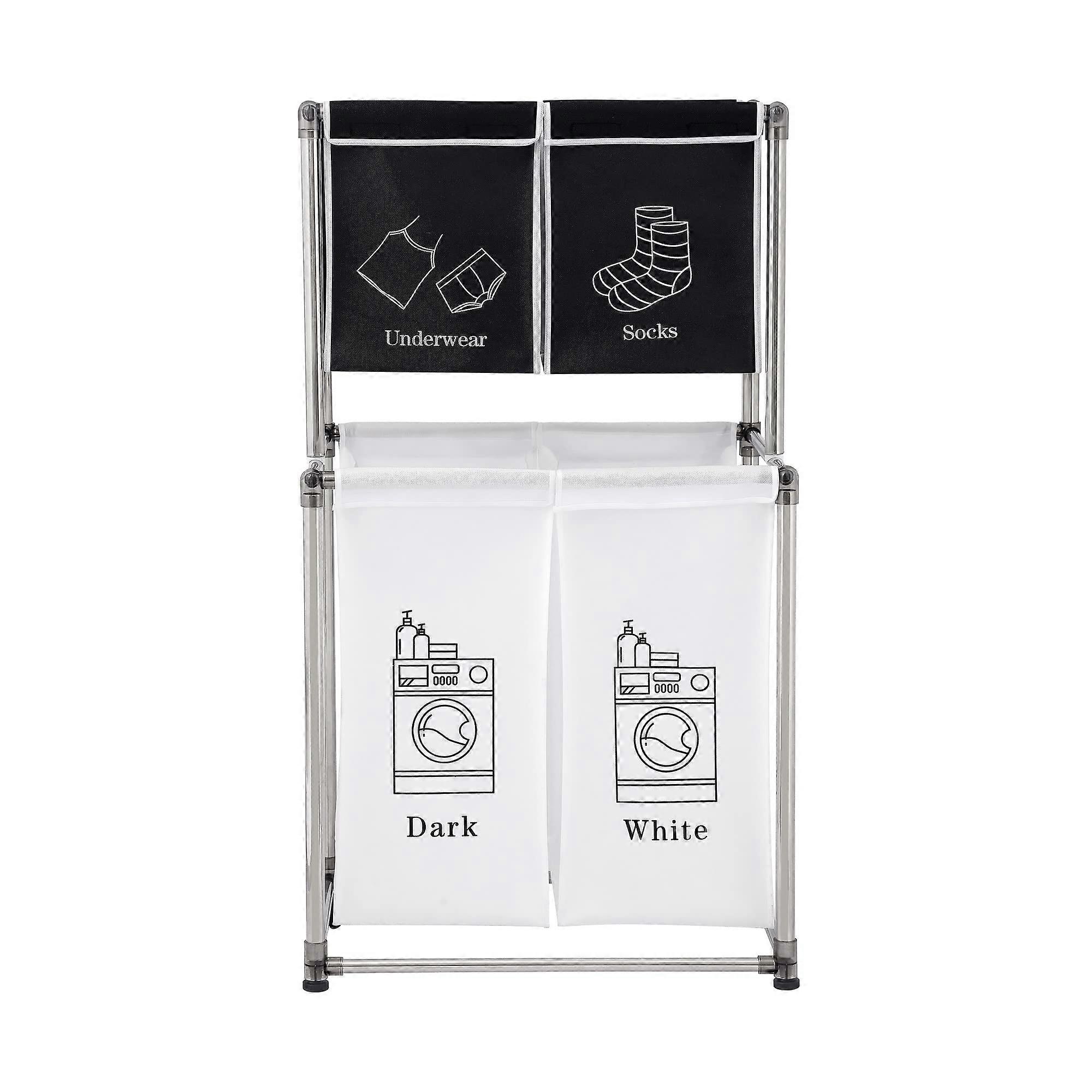 Double Layer Laundry Hamper with 4 Removable Bags, Metal Frame Clothes Sorter for White and Dark