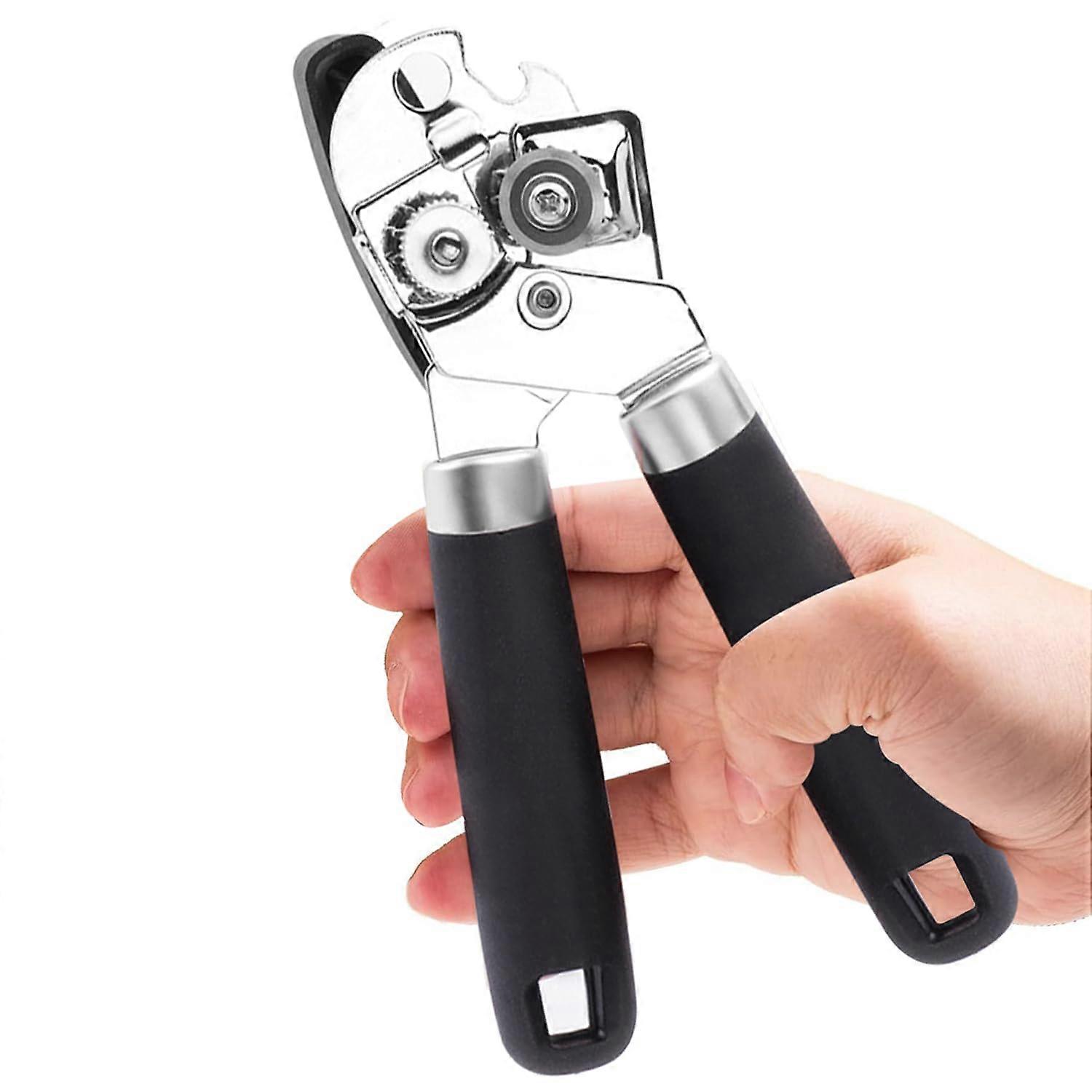 Manual Can Opener with Stainless Steel Cutting Wheel, Smooth Edge, Heavy Duty Soft Grip, Black