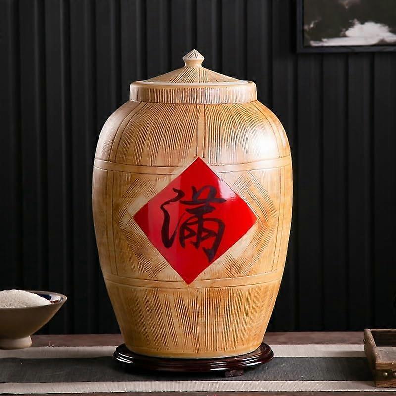 Large Ceramic Rice Storage Container with Moistureproof Lid, 25kg Chinese Style Grain Jar