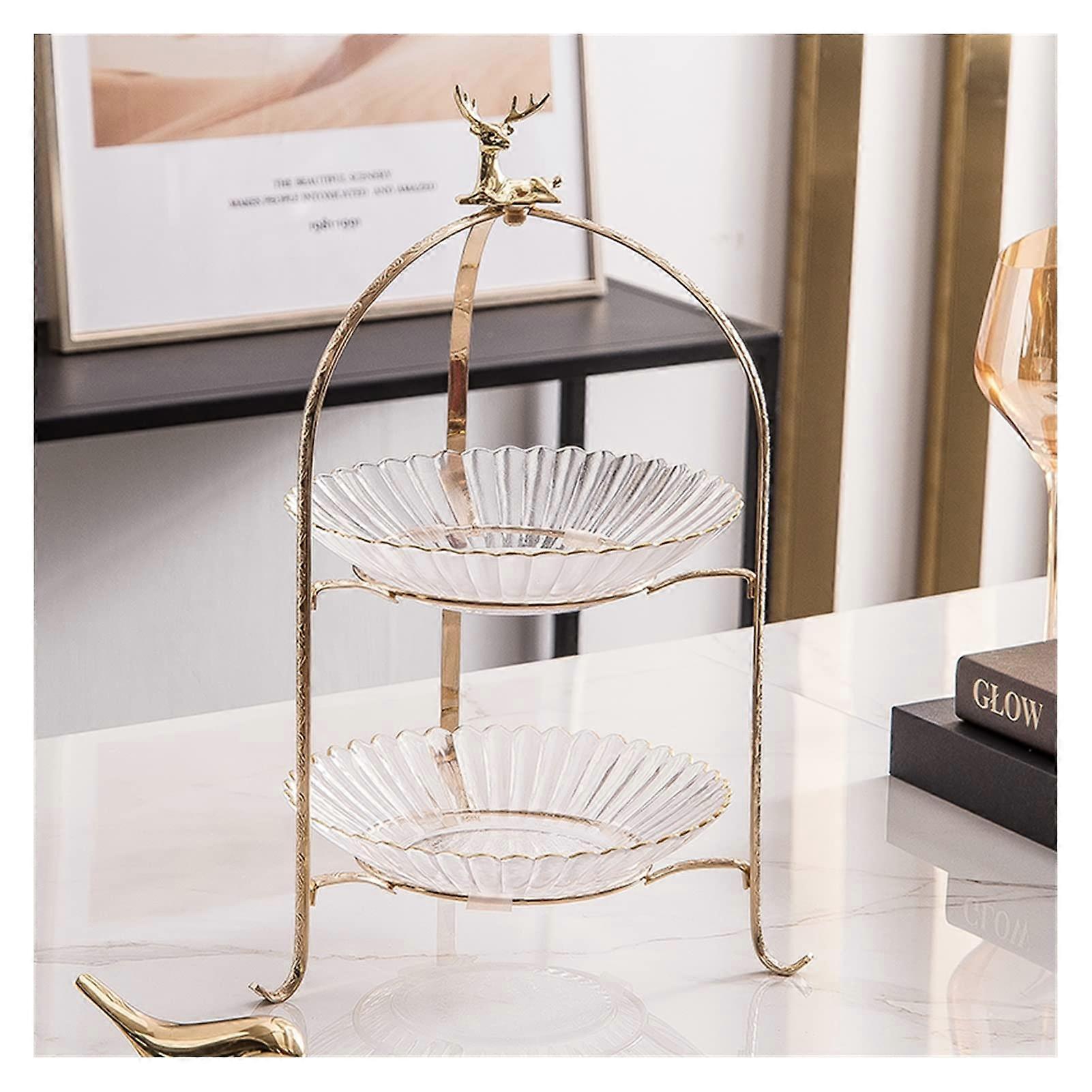 Multi Layer Glass Fruit Basket with Deer Head Handle for Coffee Table Decor Brass Color