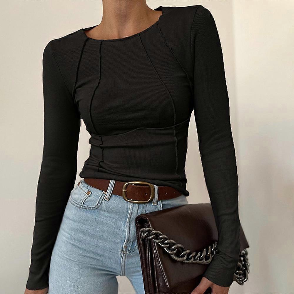 Spring Autumn Women's Blouse Round Neck Solid Split Breasted Long Sleeve Top