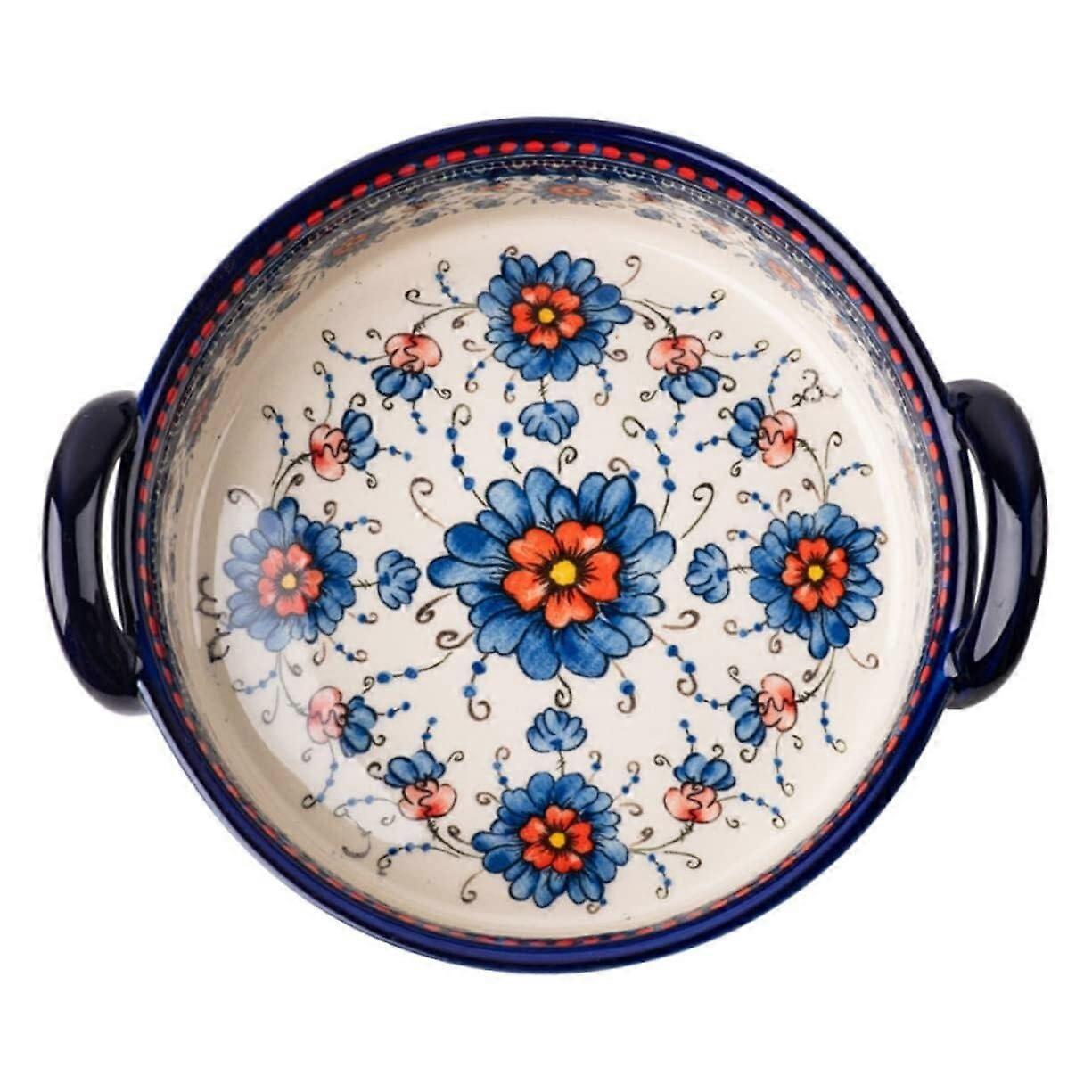 Double Handle Ceramic Soup Bowl with Scratch Resistant Surface for Salad and Baking Use