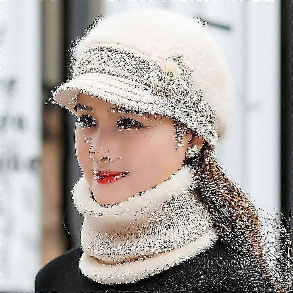 Warm Knit Hat & Scarf Set with Rabbit Fur