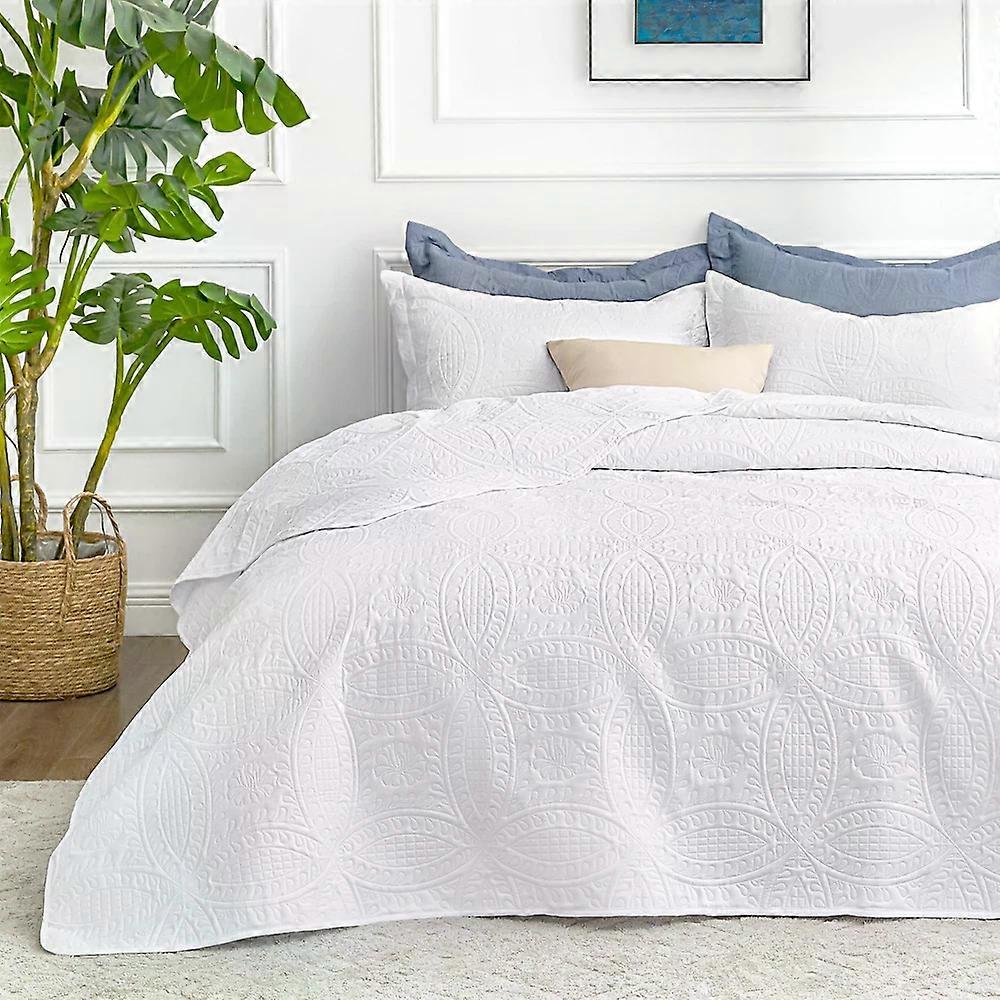 Queen Quilt Set 3 Piece White Coin Pattern Microfiber