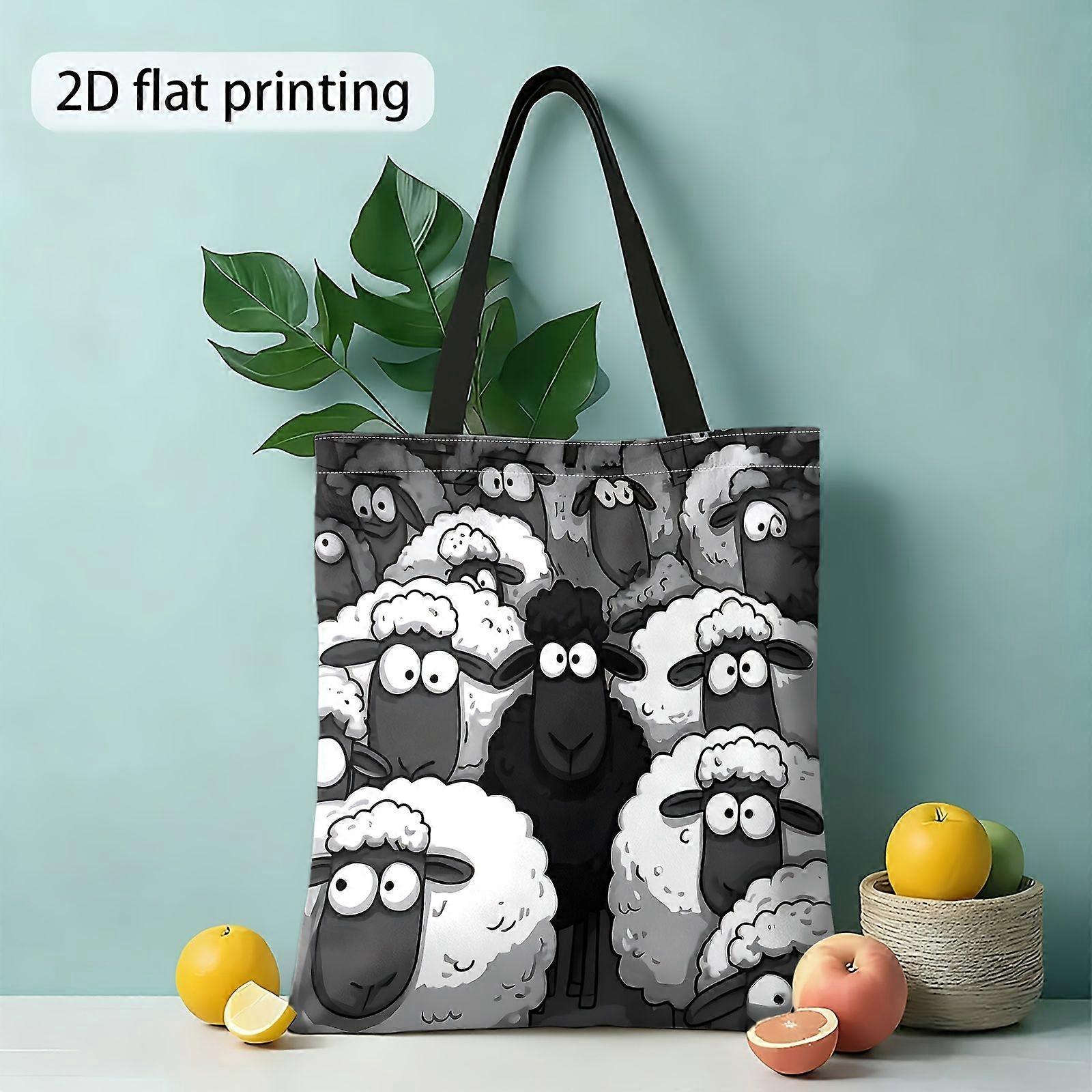 Sac bandoulière réutilisable imprimé en 2D, motif mouton noir, illustration de dessin animé, imprimé recto verso, idéal pour les festivals de musique.