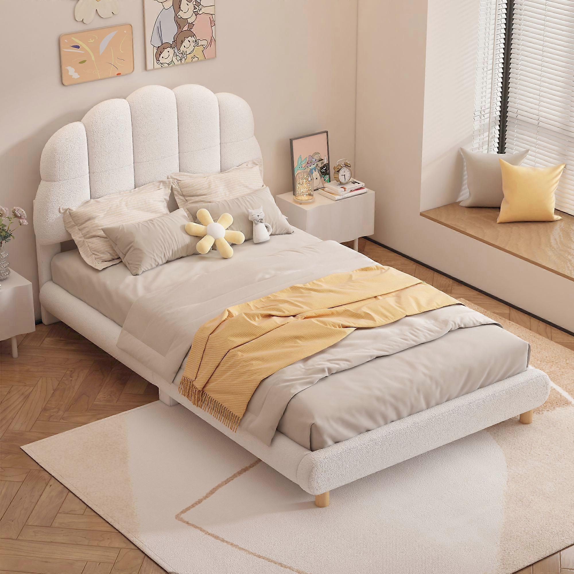 90*200cm Flat Bed, Children's Bed, Plush, Cute Headboard, White