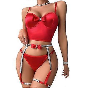 Ensemble de lingerie érotique à lacets pour femme, pyjama, soutien-gorge et culotte à fines bretelles, nuisette rouge 3 pièces