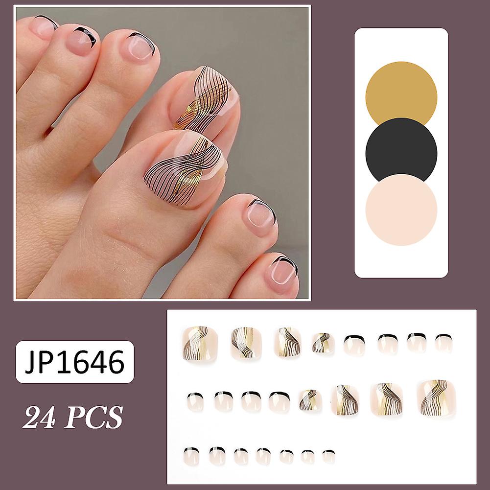 Glossy Fake Toenails Glitter Sequins Gold Lines With Black Border Suitable