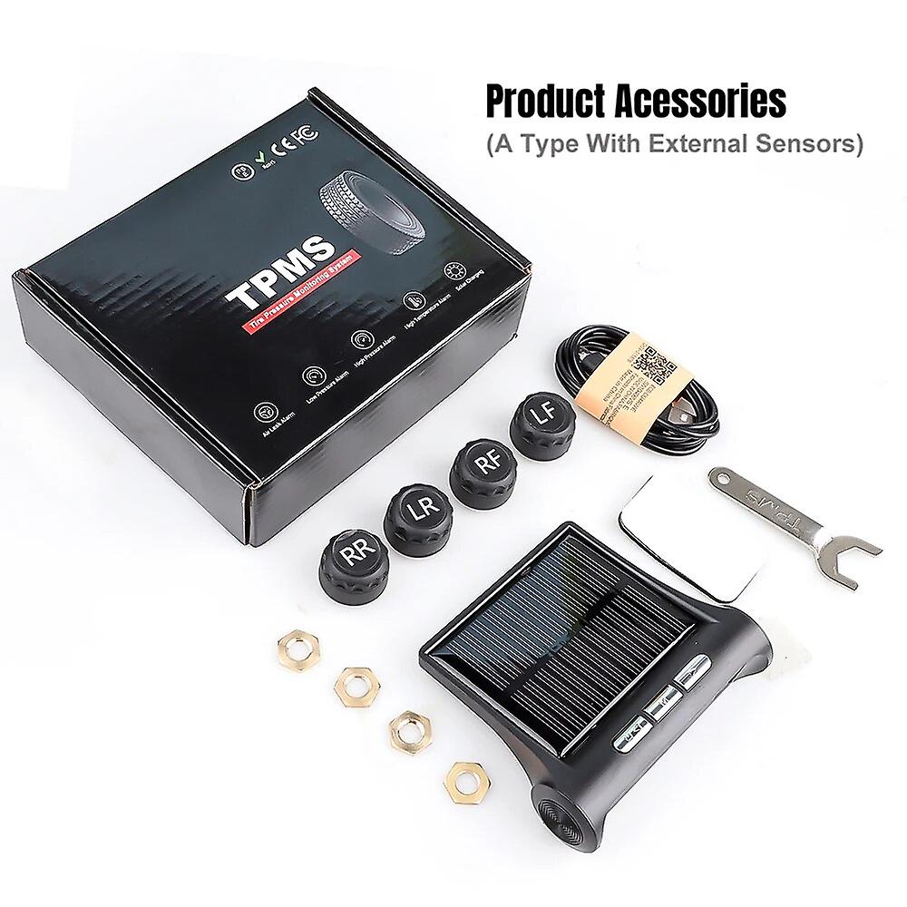Tire Pressur Solar Power Tpms Système de surveillance de la pression des pneus de voiture Lcd 4 Capteurs internes externes pour l’avertissement de température Suv