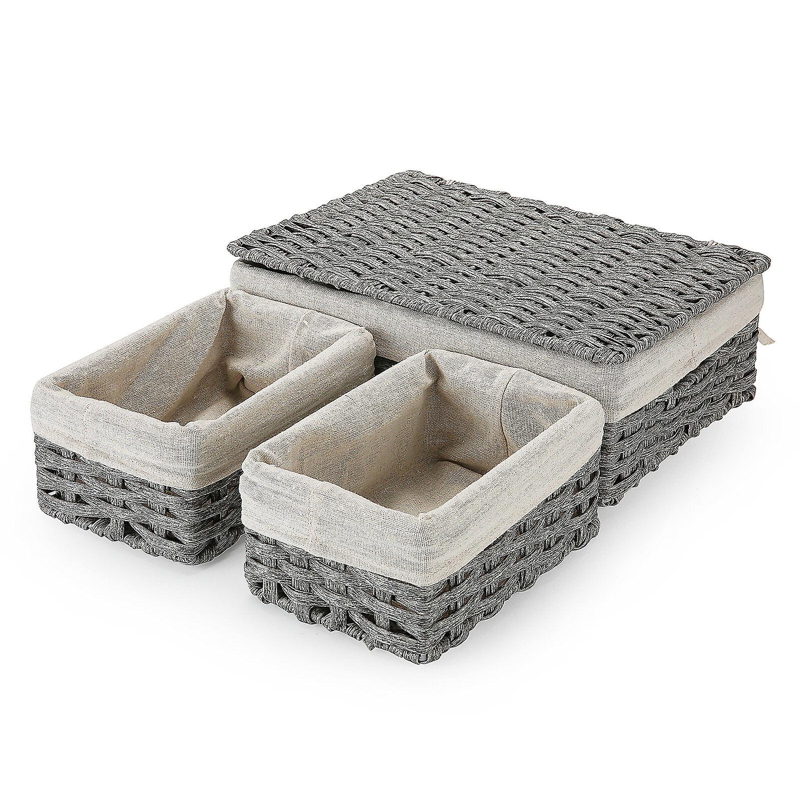 Wicker Storage Baskets Sets Of 3 Woven Basket With Lids Small Organizer Bins Decorative For Bathroom