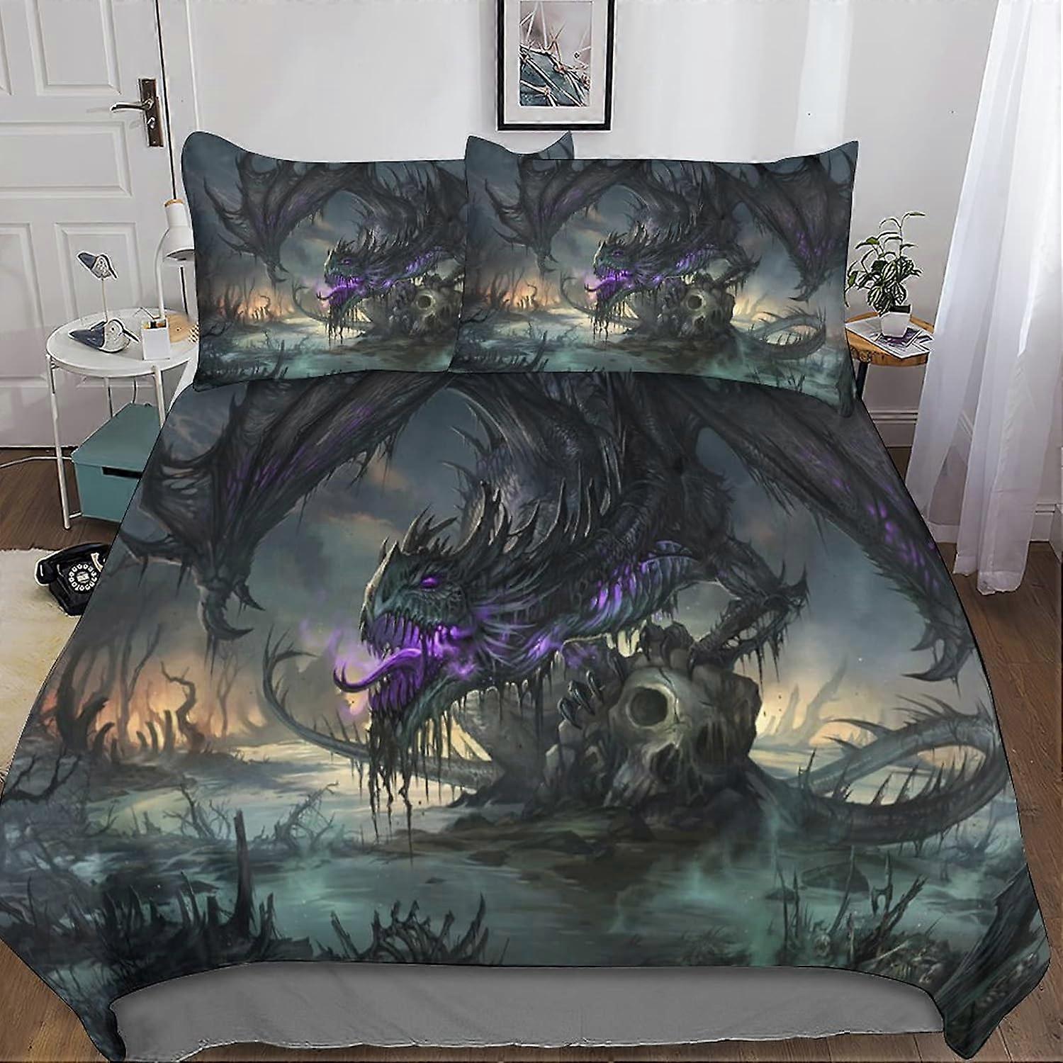 The Dragon Bedding Set Microfiber Pieces with Duvet Cover and Pillowcase Zip Closure for Adults and Children Printed Pattern The Dragon King Num 135*2