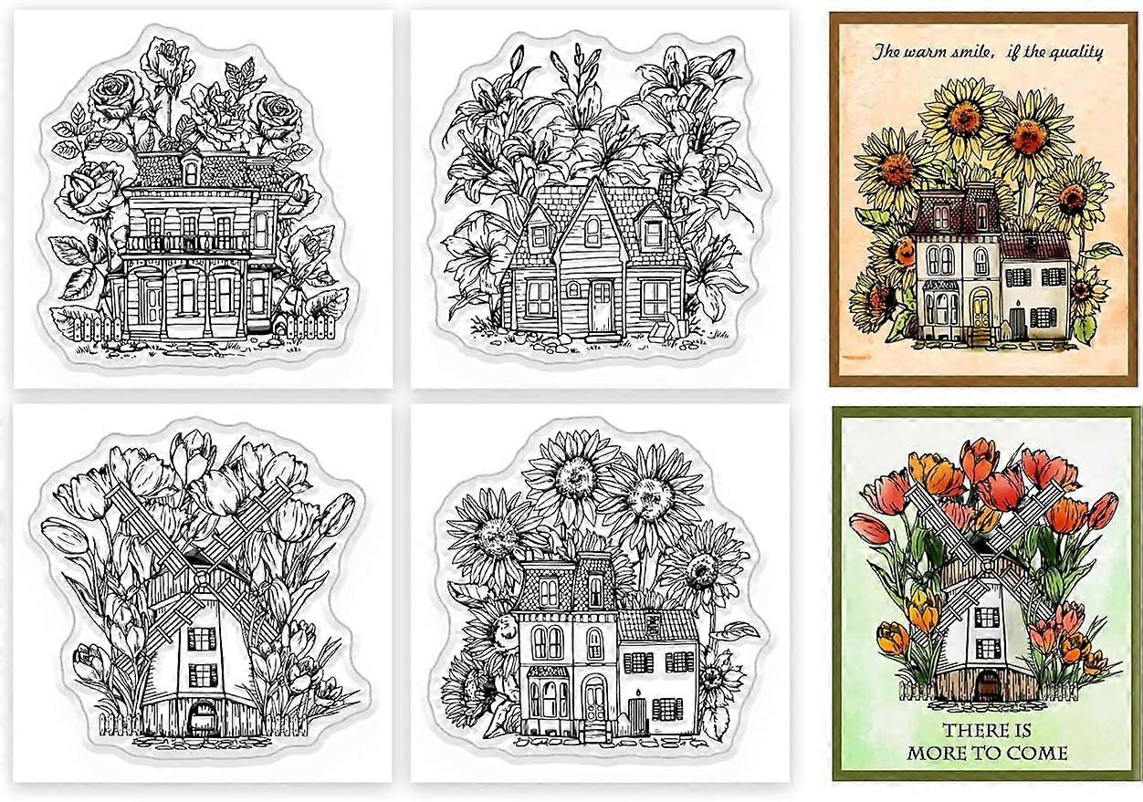 4Pcs Mini Flowers House Clear Stamps for DIY Scrapbooking