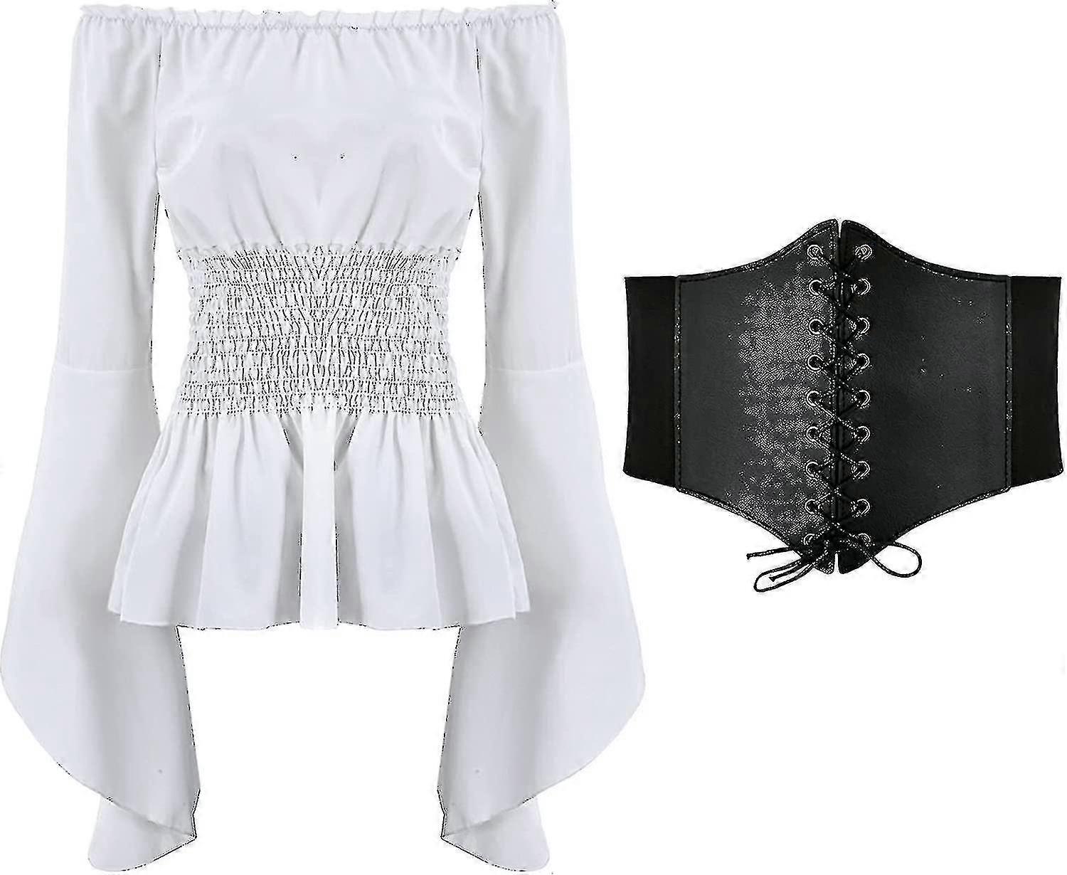 2023 여성 르네상스 블라우스 탑 코르셋 허리 벨트 중세 빅토리아 오프 숄더 긴 소매 셔츠 해적 코스프레 의상 Fast-XinHan Walkbee