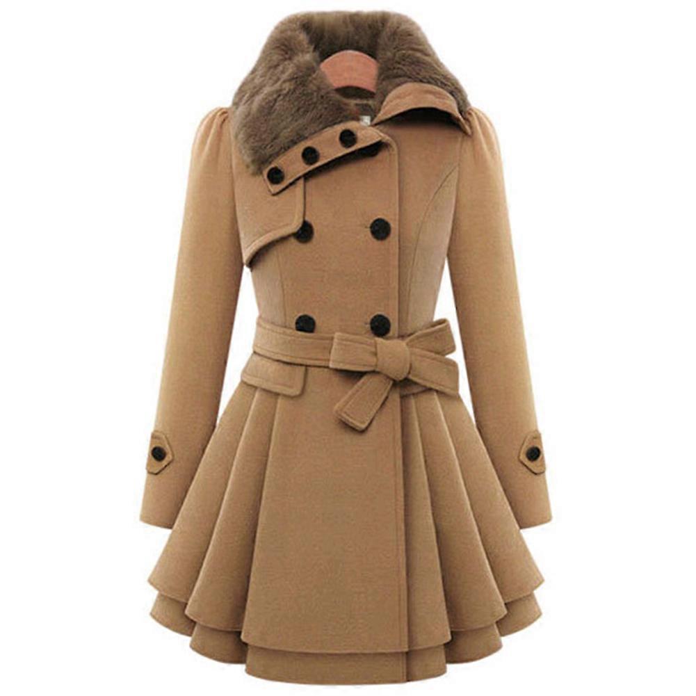 Women's Double Breasted Trench Coat Winter Mid-Length Belted Mid-Length Tweed Wool Coats