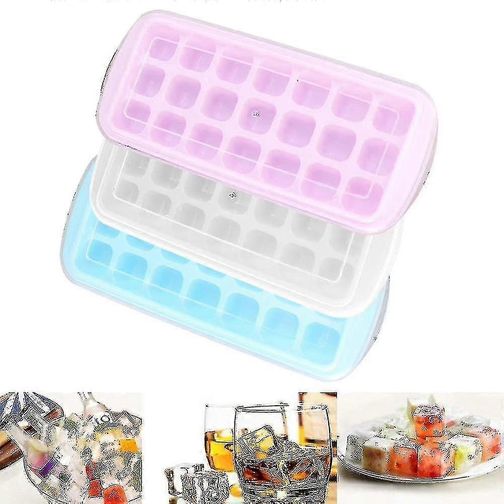 3pc Ice Cubes Avec Couvercle Cubes 21 Compartiments, rose + bleu + blanc