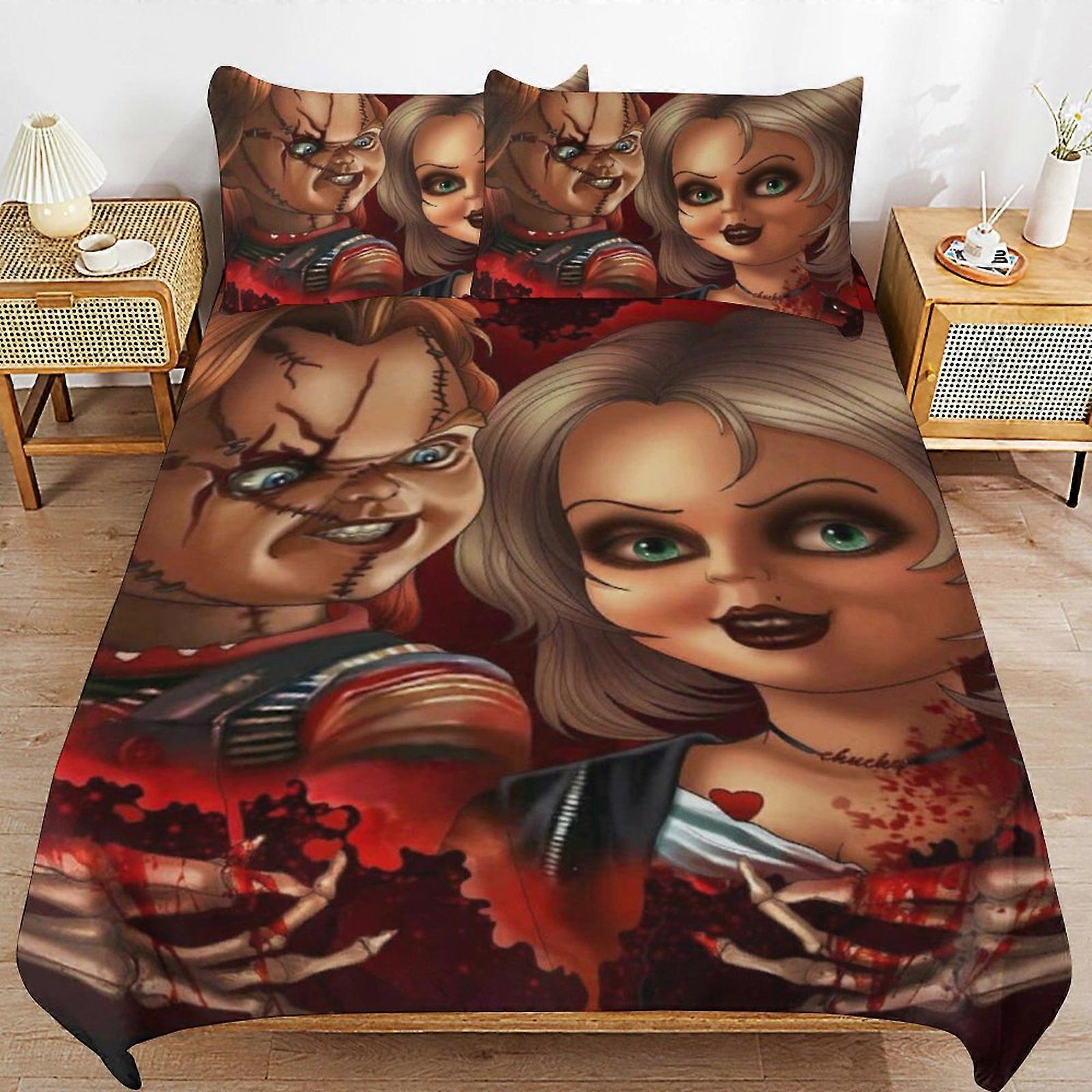 a1394 Conjunto de capa de edredom para noiva de Chucky, conjunto de cama de 3 peças 86x70" Conjunto de capa de edredom decorativa com impressão dupla face (1 capa de edredom + 2 fronhas