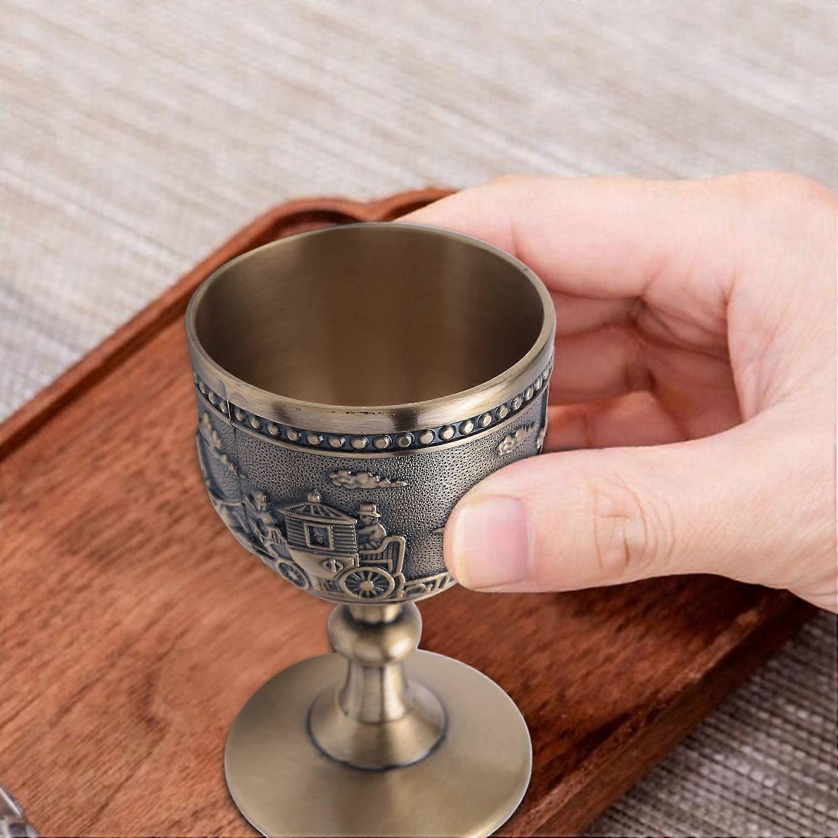 4x Classical Metal Wine Cup Handmade Small Goblet Household Copper Wine Glass Carving Pattern