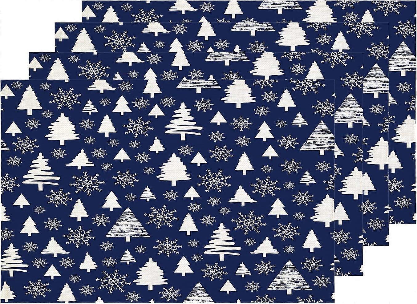 Bleu Blanc Flocons de neige Sets de table, Noël Vacances Forêt Bois Arbres Tapis de table Lin Toile de jute Isolation thermique lavable à deux étages pour kit de table à manger