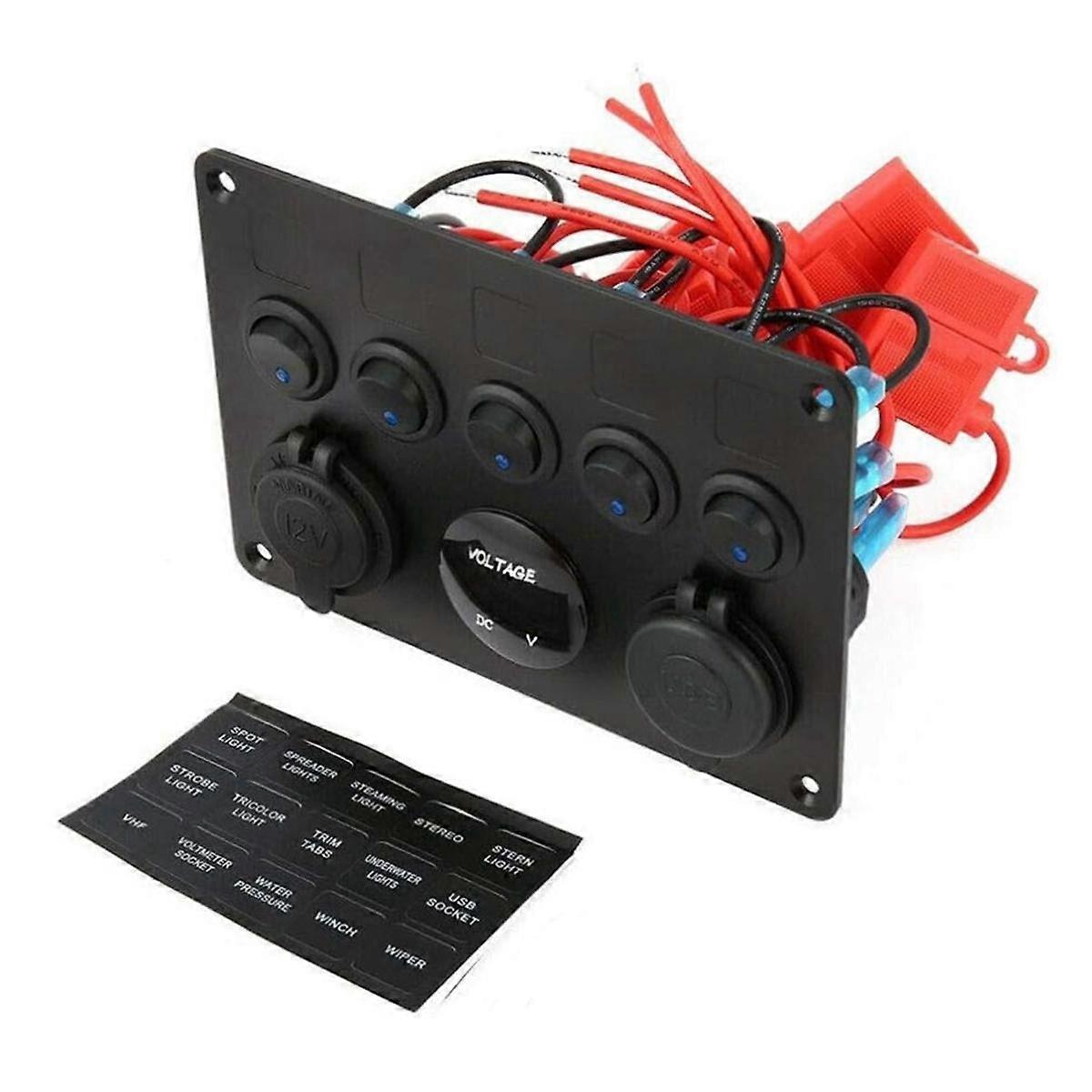 5 Gang Switch Panel, 12V/24V Inline Fuse Box LED Switch Panel Dual USB Socket Power Outlet LED Volt