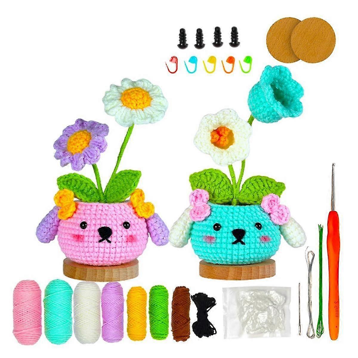 Crochet Kit For Beginners,bellflower Daisy Knitting Kit With Step-by-step Video Tutorials And Yarns,hook,wooden Spacer