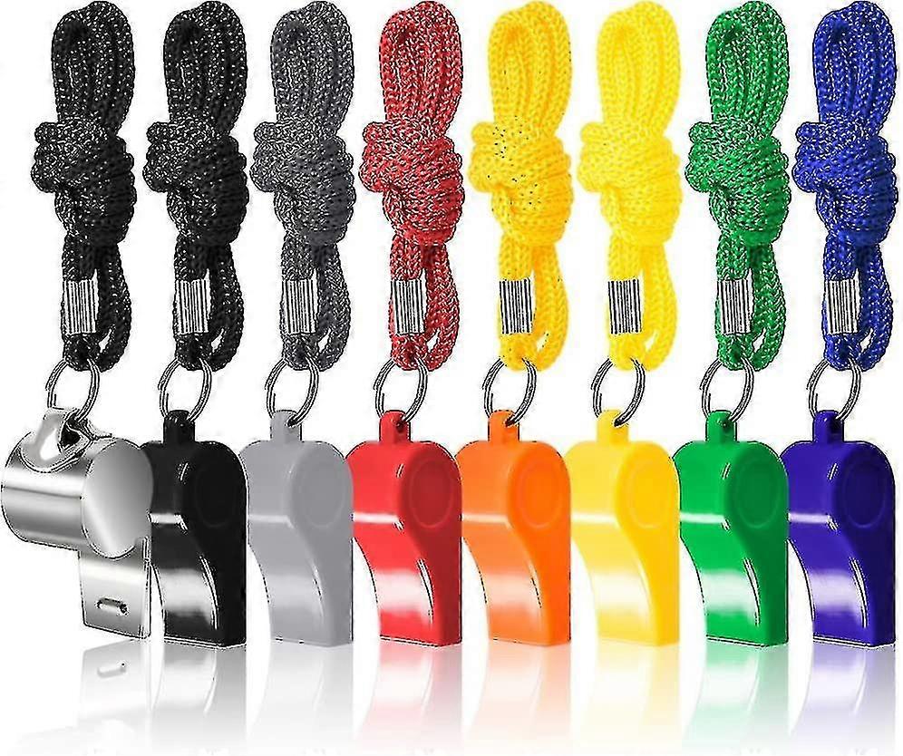 8パックコーチ審判ホイッスルストラップ付き、カラフルなプラスチック、ステンレススチールサッカーホイッスルスポーツライフガードサバイバルエマーと互換性があります