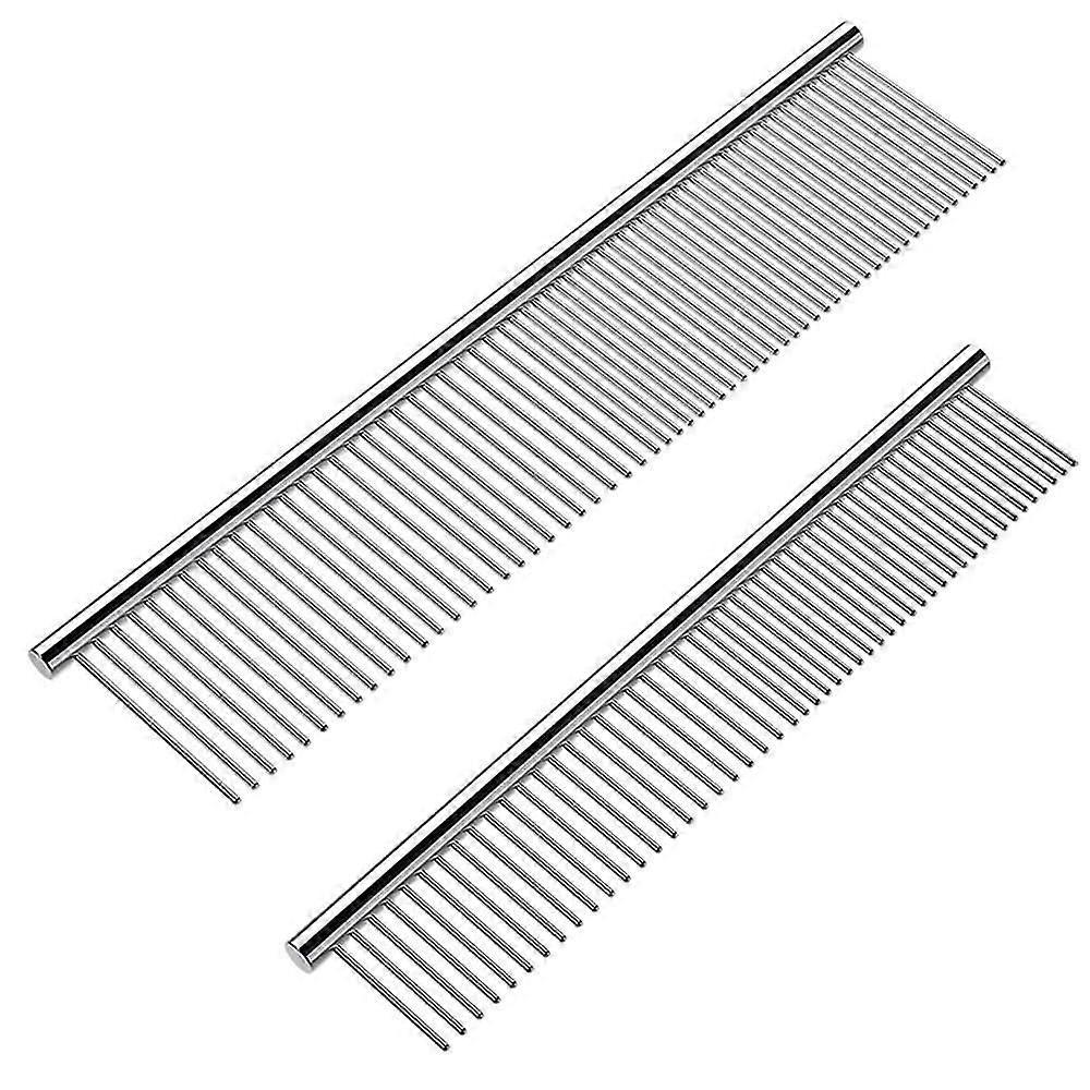 2-Pack Dog Combs with Rounded Ends - Stainless Steel Teeth, Cat Comb for Removing Tangles and Knots - Professional Grooming Tool for Long and Short Ha